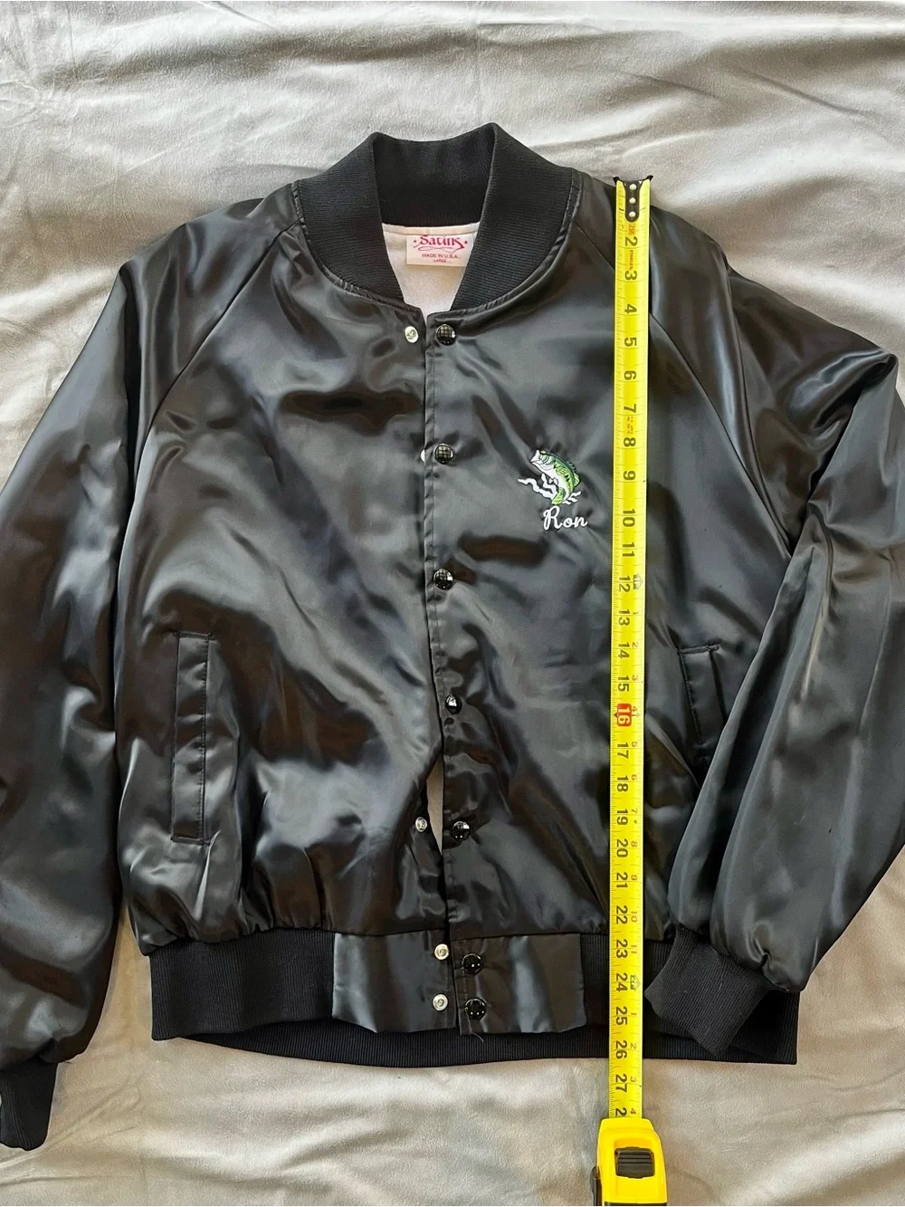 Vintage Black Satin Fly Fishing Bomber Jacket with Embroidered Logo